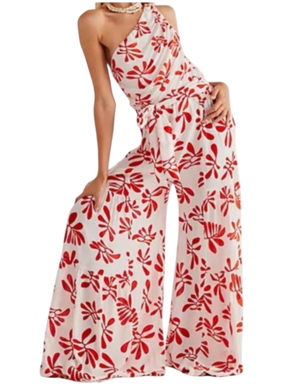 Free People One Thea red and white floral one shoulder jumpsuit size Small